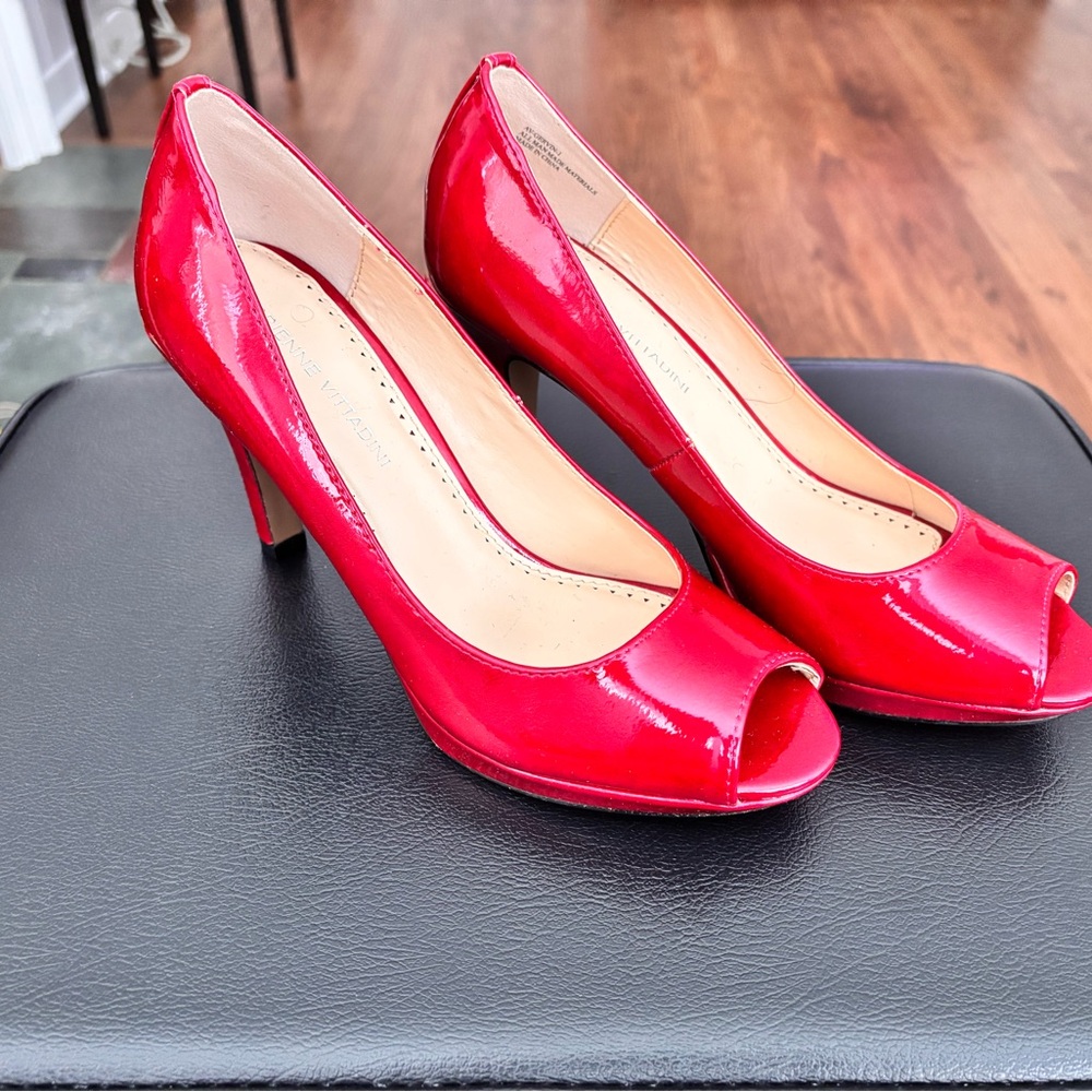 Adrienne Vittadini Red Patent Peep-Toe Pumps